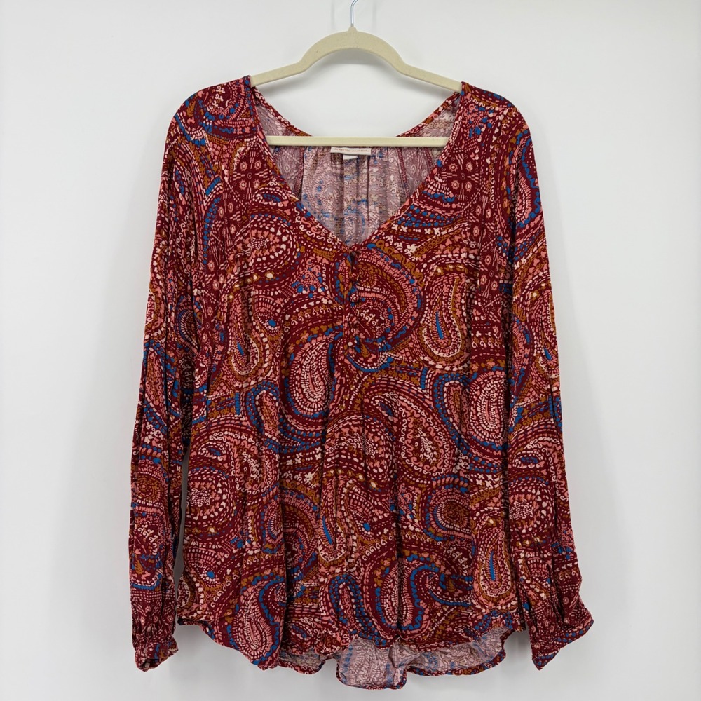 Knox Rose Womens Large Burgundy Paisley V-Neck Long Sleeve Boho Blouse
